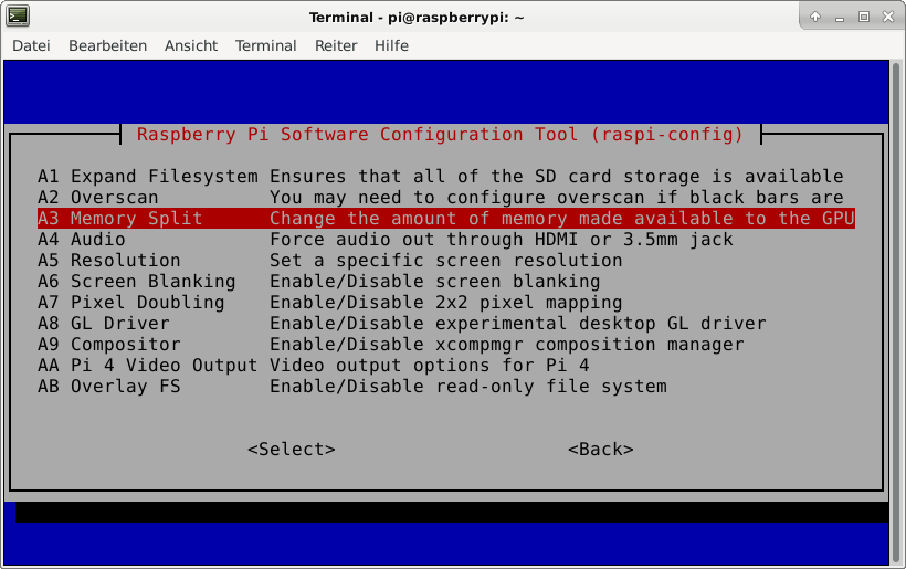 Specify the memory split with raspi-config