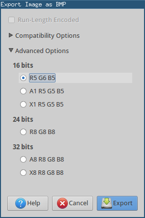 GIMP Bitmap Advanced Options Dialog